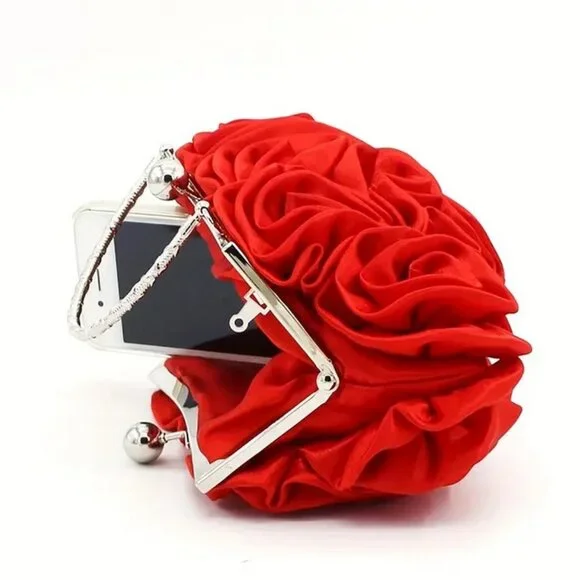 Elegant RED Satin Roses Clutch Purse Handbag w/ Rhinestone Handle & Chain NEW - Picture 6 of 8
